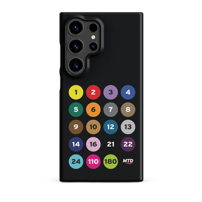 Black phone case with colorful circles and numbers representing MTD routes.