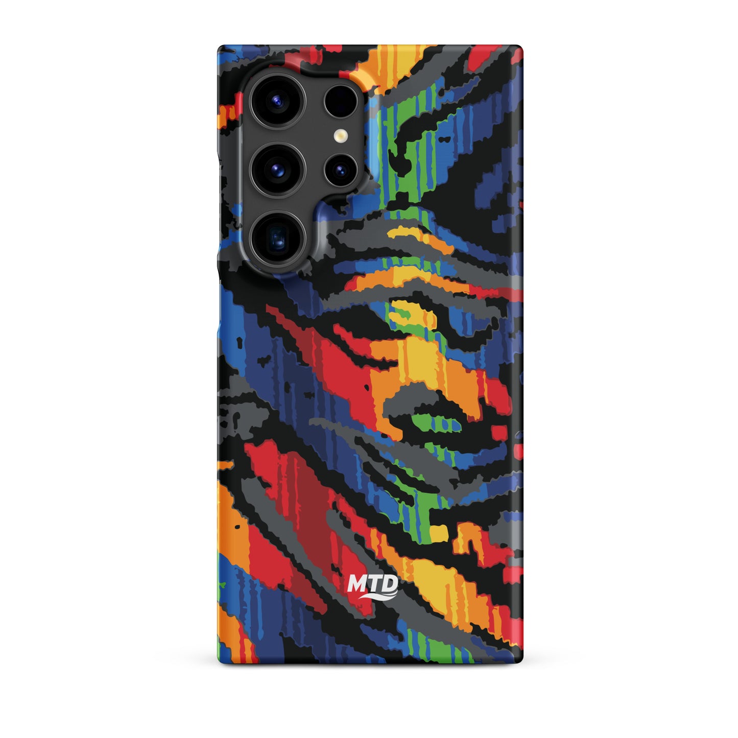 Phone case with colorful MTD bus seat pattern.