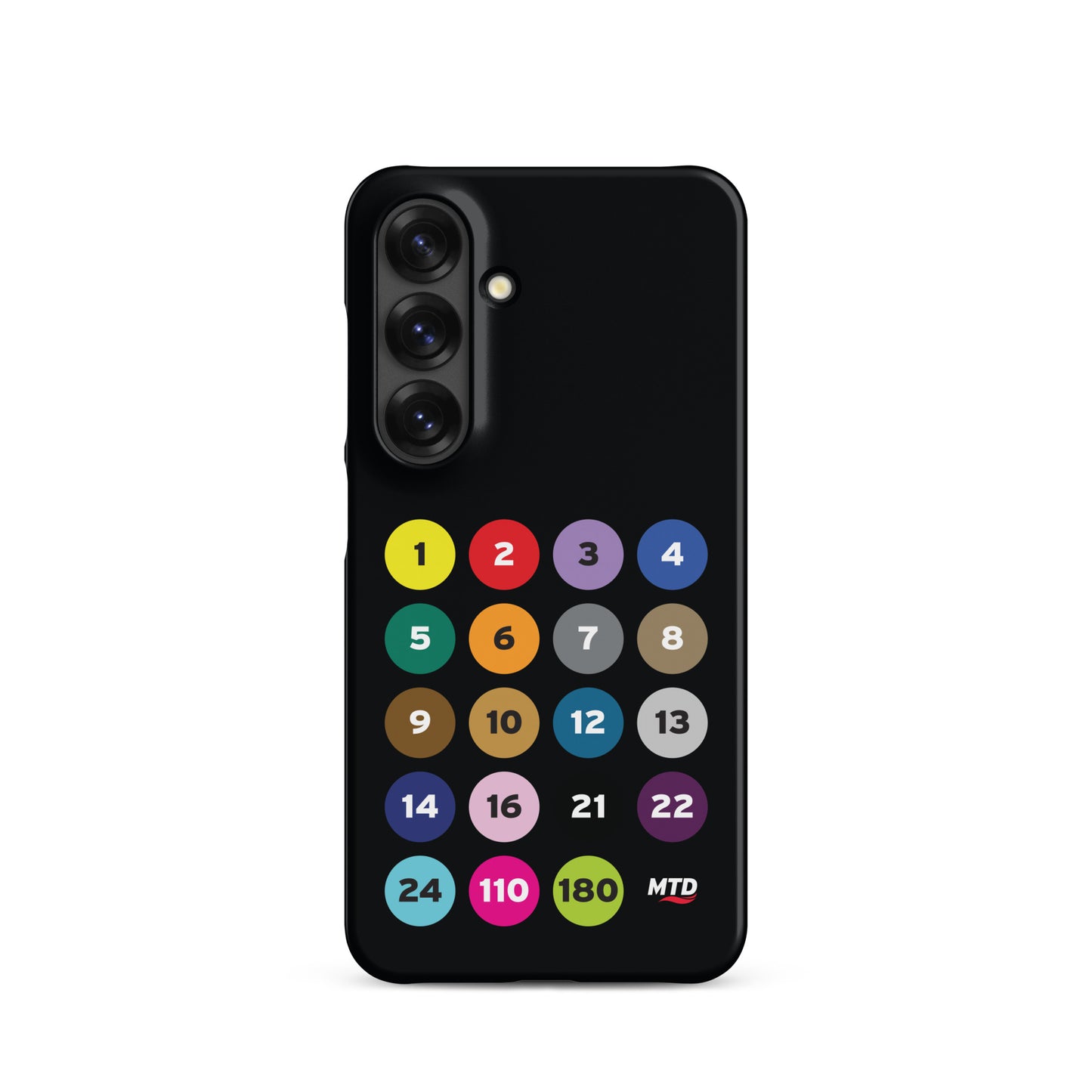 Black phone case with colorful circles and numbers representing MTD routes.