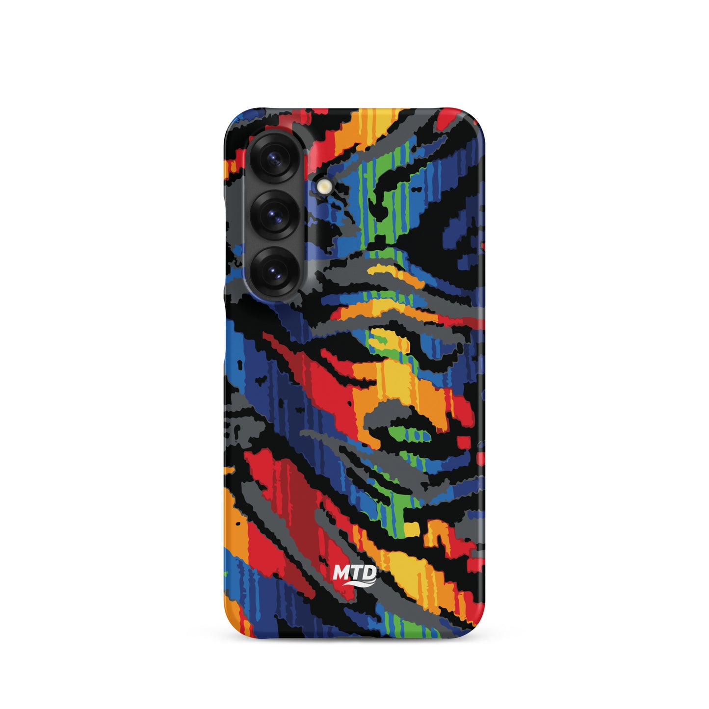 Phone case with colorful MTD bus seat pattern.