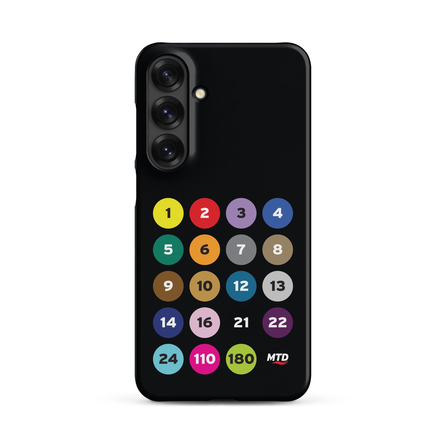 Black phone case with colorful circles and numbers representing MTD routes.