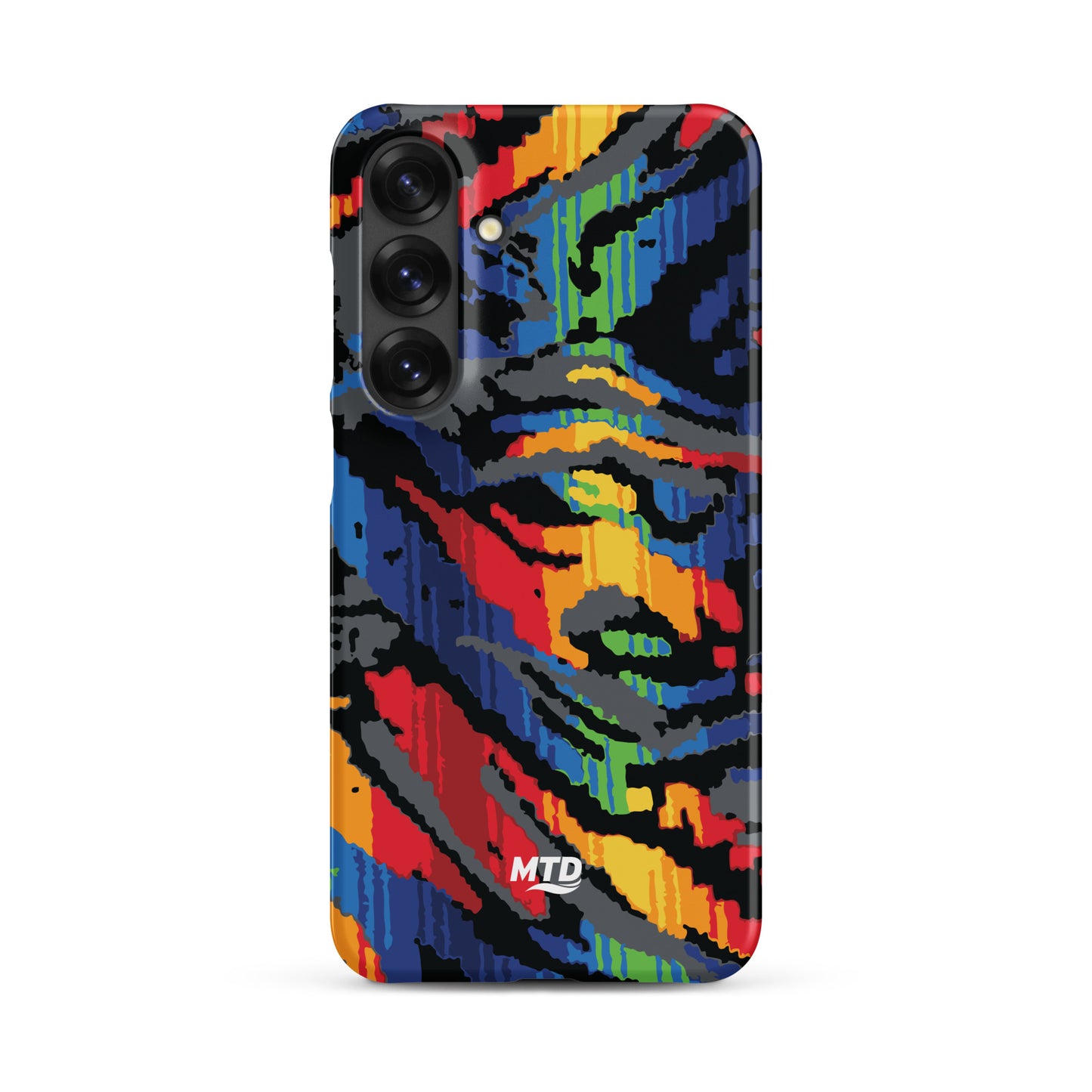 Phone case with colorful MTD bus seat pattern.