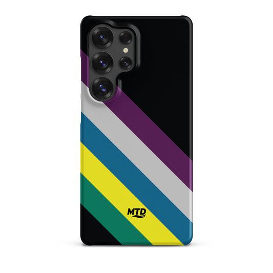 Black phone case with five colored lines running diagonally in the center.