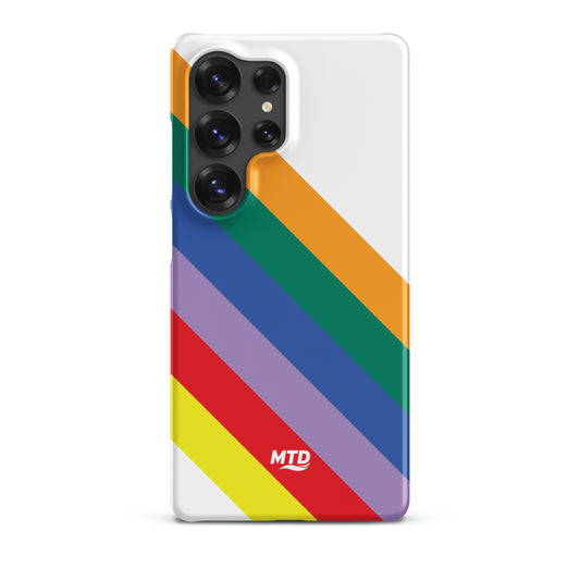White phone case with six colored lines running diagonally in the center.