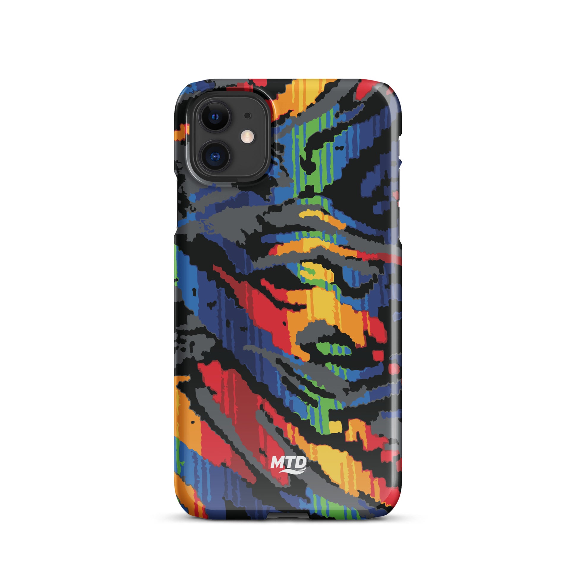 Phone case with colorful MTD bus seat pattern.