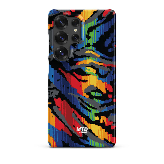 Phone case with colorful MTD bus seat pattern.