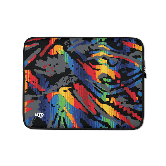 Laptop sleeve with colorful MTD bus seat pattern.