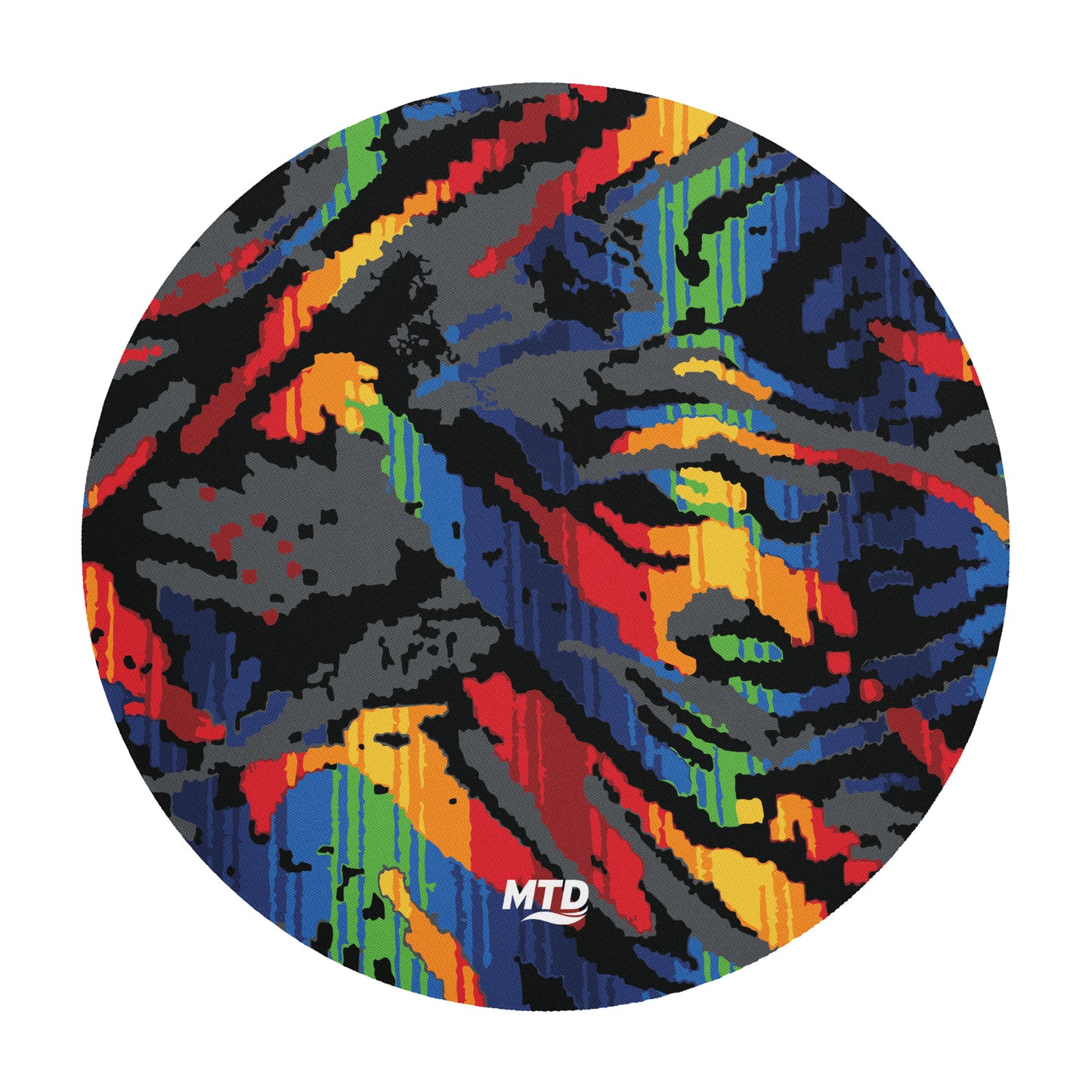 Circular mouse pad with colorful MTD bus seat pattern.