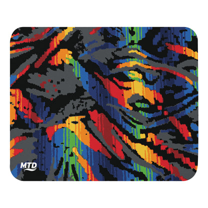Rectangular mouse pad with colorful MTD bus seat pattern.