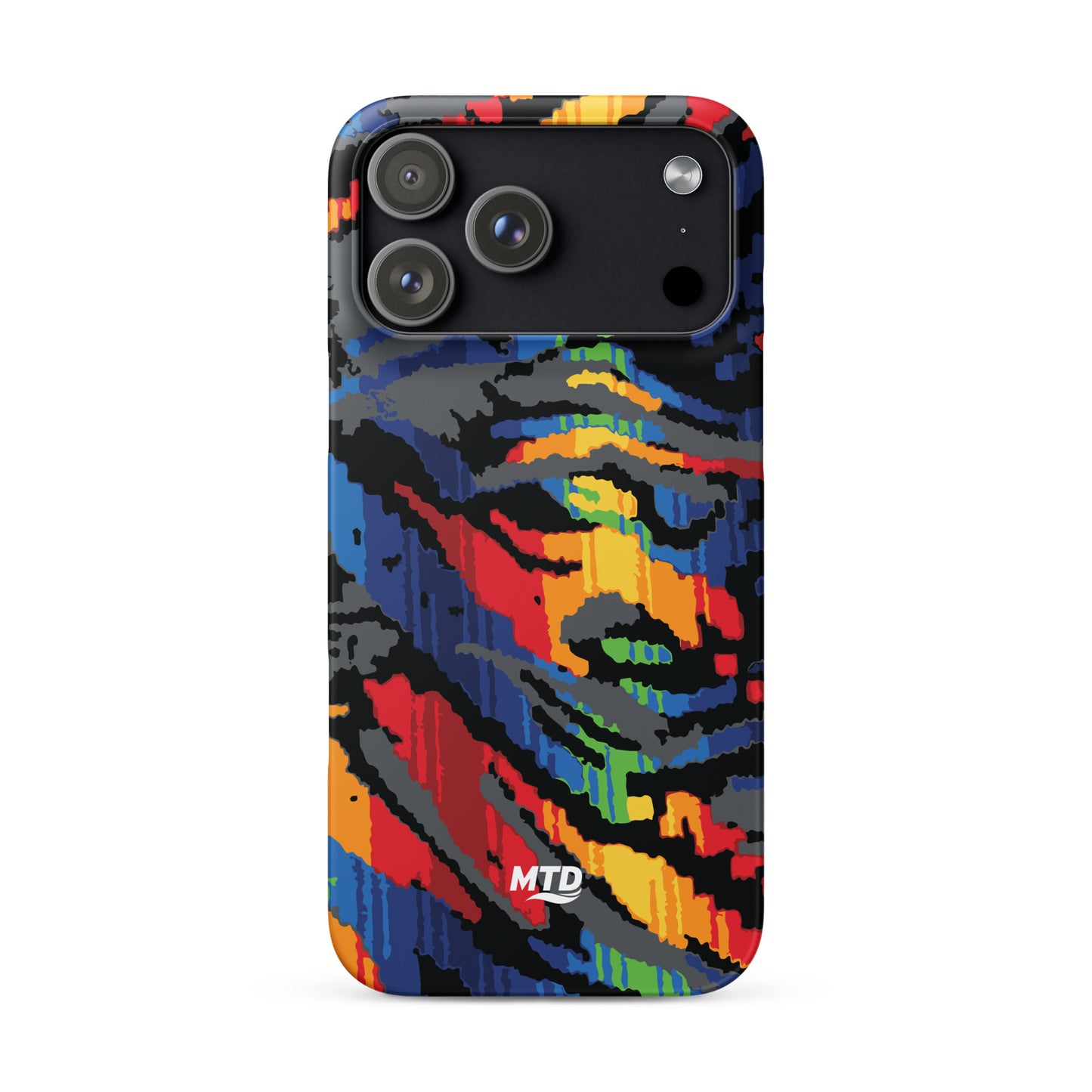 Phone case with colorful MTD bus seat pattern.