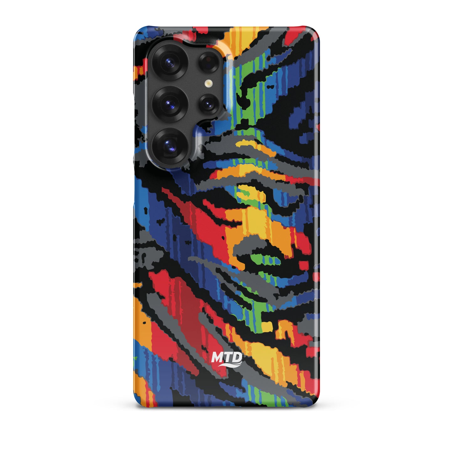Phone case with colorful MTD bus seat pattern.