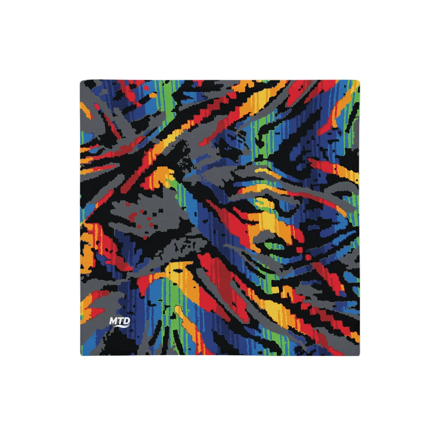 Square pillow case with colorful MTD bus seat pattern.