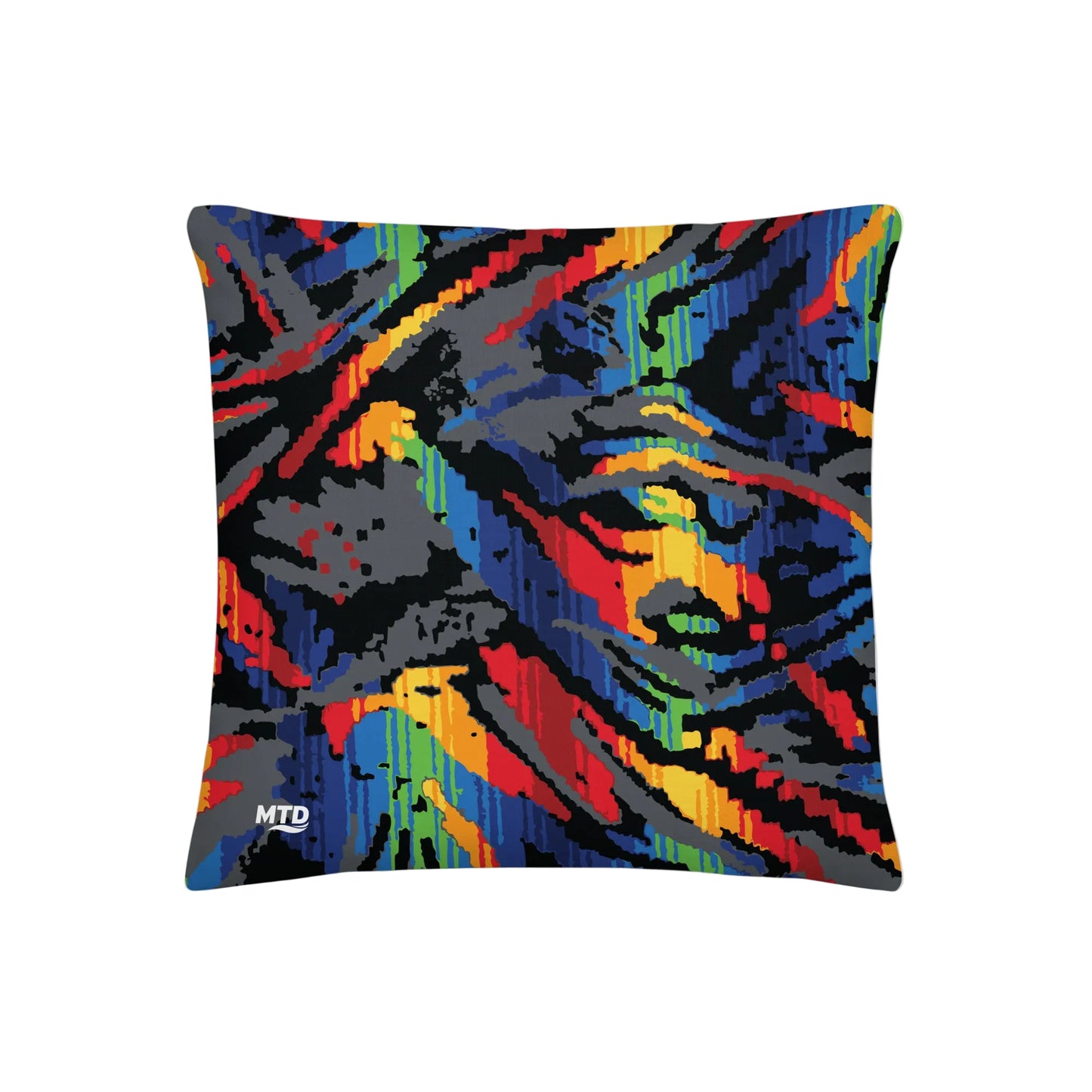 Square pillow with colorful MTD bus seat pattern.