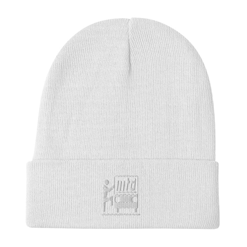 White beanie featuring a throwback MTD logo.