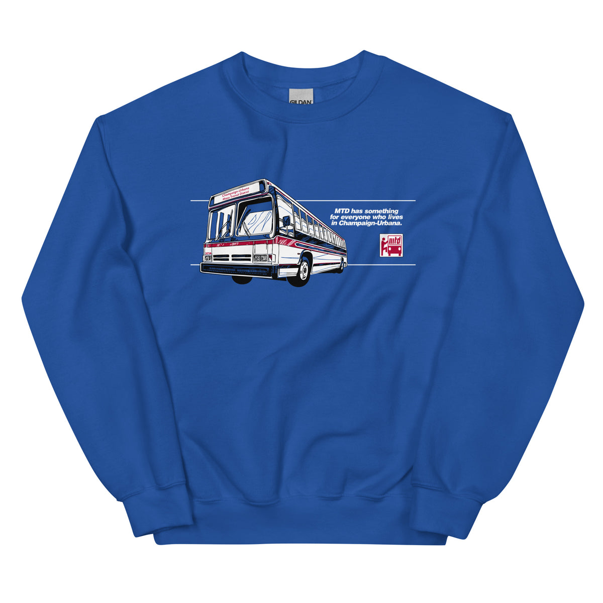 MTD Time Machine crewneck sweatshirt featuring a vintage bus illustration inspired by the historic “Something for Everyone” campaign.