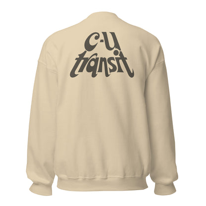 MTD Time Machine crewneck sweatshirt featuring vintage CU Transit bus stop signs and the historic CU Transit logo.