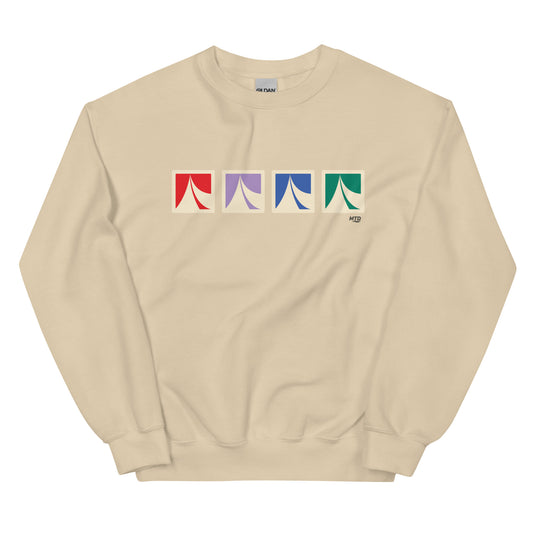MTD Time Machine crewneck sweatshirt featuring vintage CU Transit bus stop signs and the historic CU Transit logo.