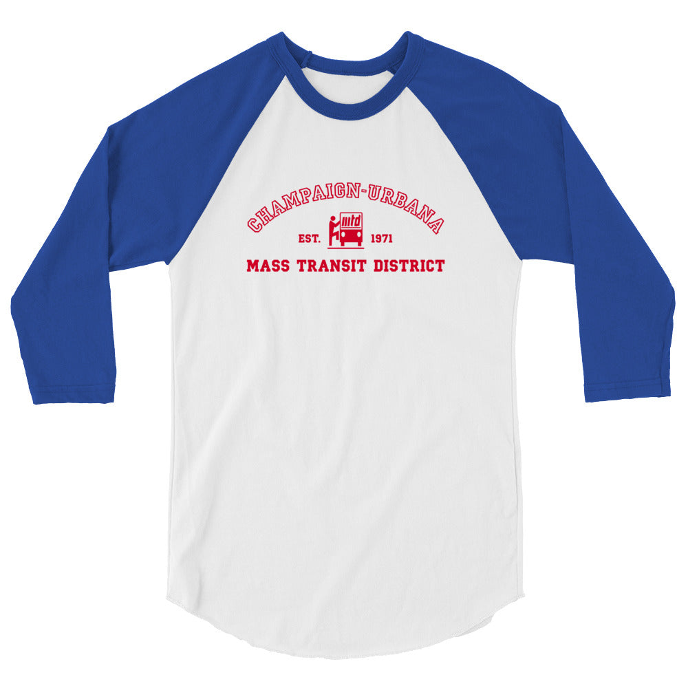 White baseball tee with blue sleeves featuring a throwback MTD logo in red.
