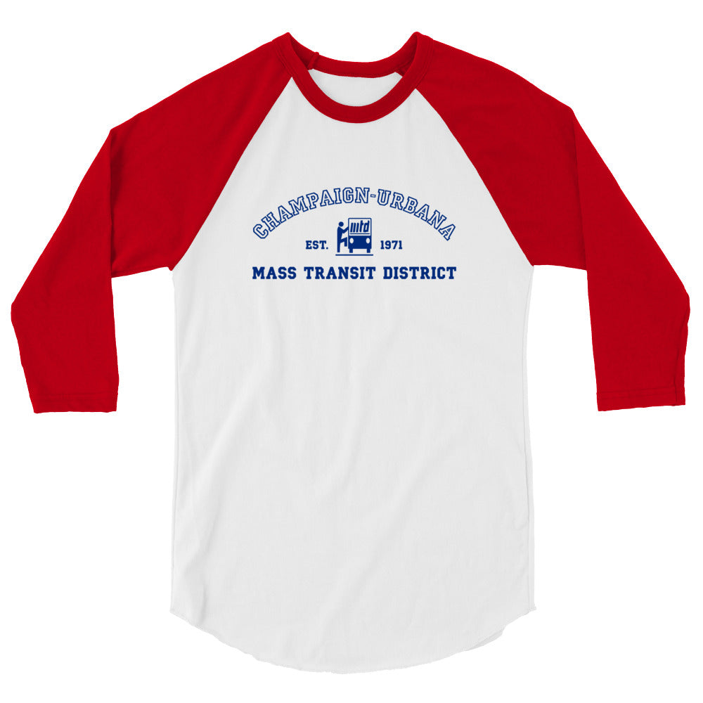 White baseball tee with red sleeves featuring a throwback MTD logo in blue.