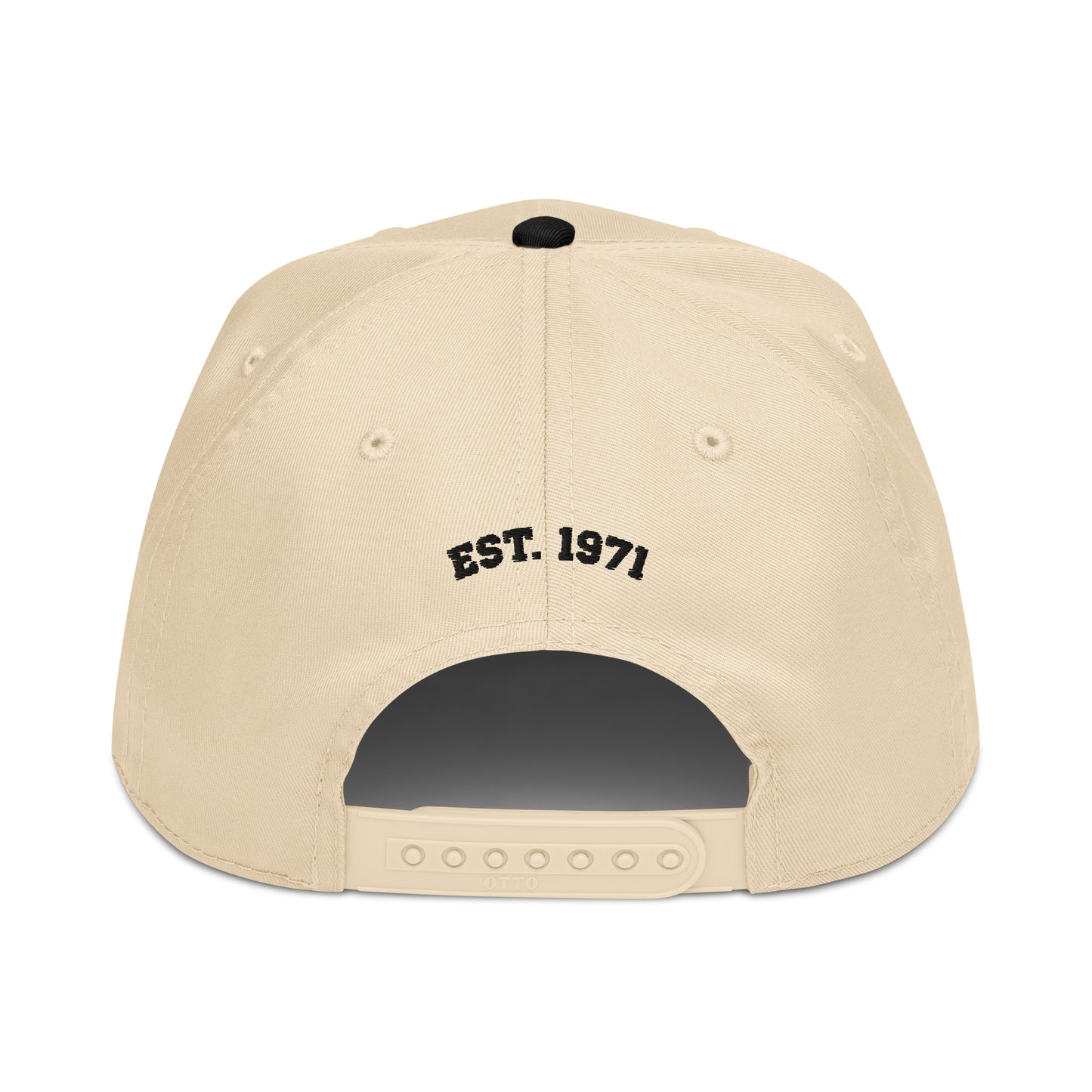 Back view of a tan snapback hat that says “Est. 1971” stitched in black above the closure.