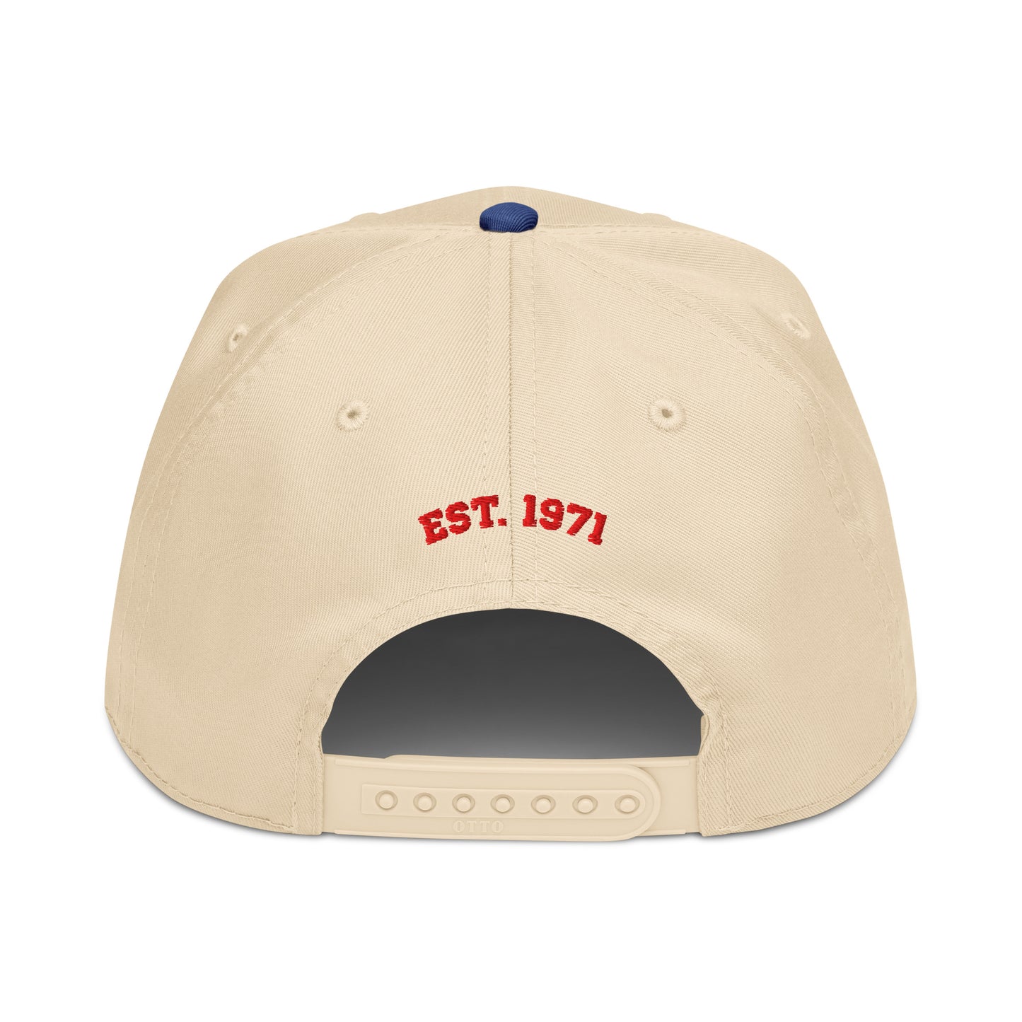 Back view of a tan snapback hat that says “Est. 1971” stitched in red above the closure.