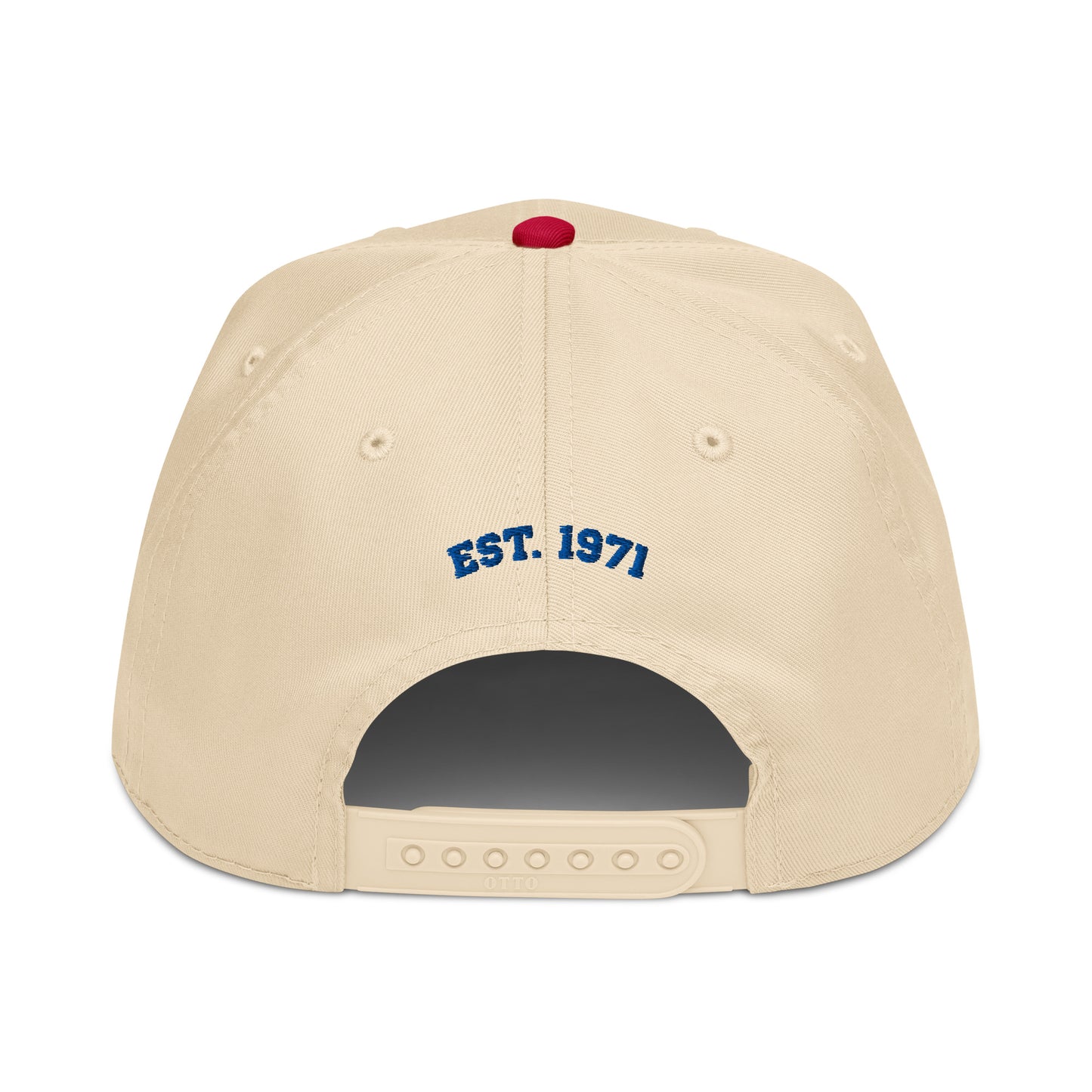 Back view of a tan snapback hat that says “Est. 1971” stitched in blue above the closure.