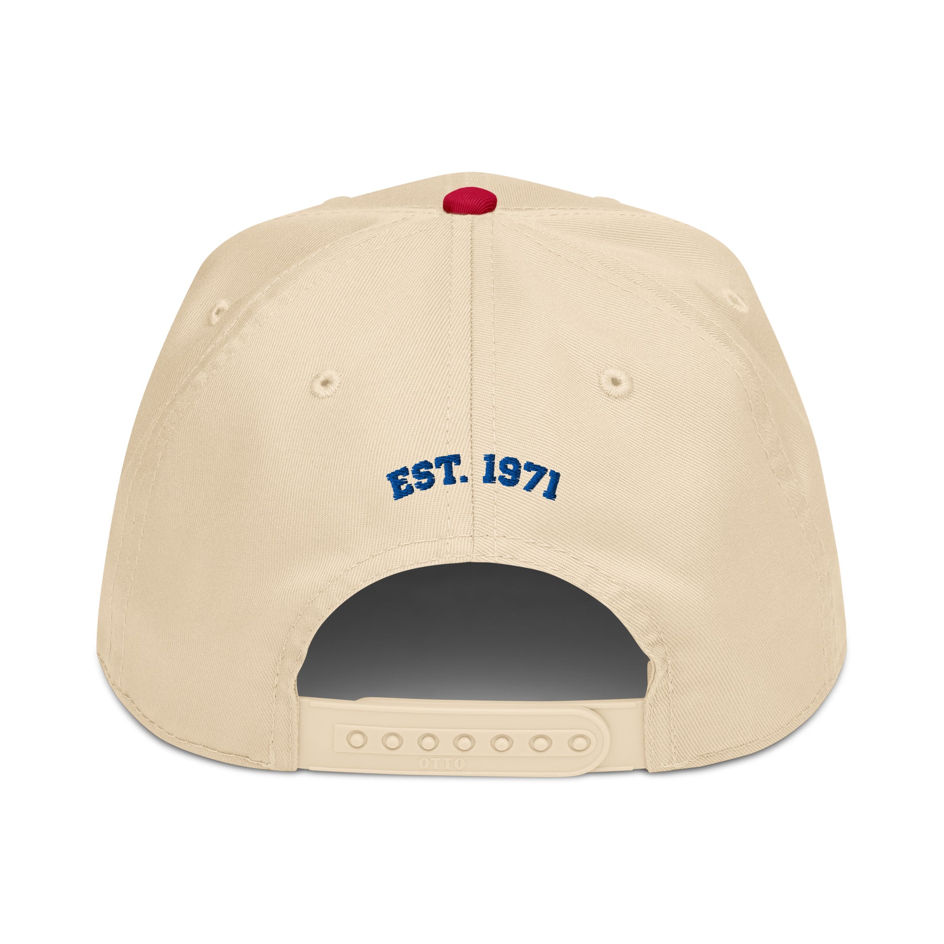 Back view of a tan snapback hat that says “Est. 1971” stitched in blue above the closure.