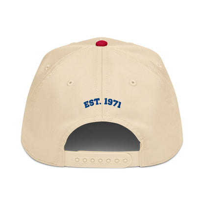Back view of a tan snapback hat that says “Est. 1971” stitched in blue above the closure.